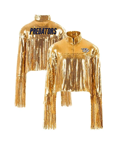 Cuce Women's Gold Nashville Predators Cropped Sequin Fringe Blazer Jacket