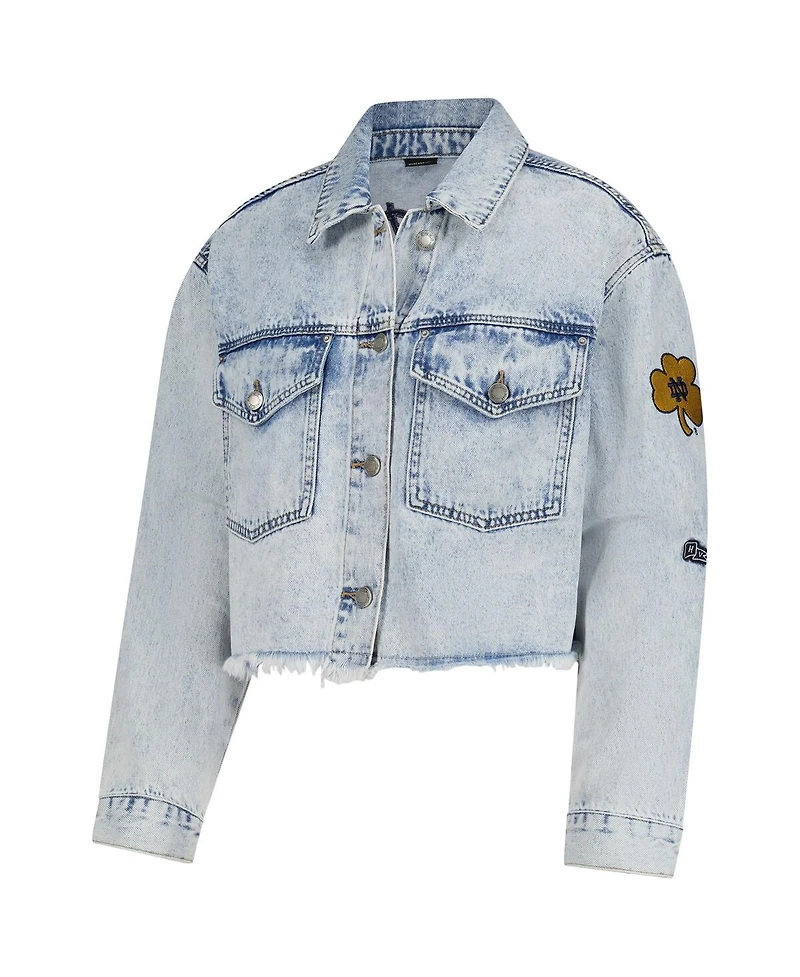 Hype and Vice Women's Denim Notre Dame Fighting Irish Light wash Cropped Button-Up Jean Jacket