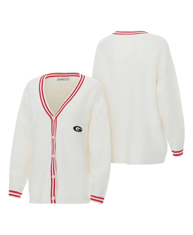 ZooZatz Women's Cream Georgia Bulldogs Striped Knit Button-Up Cardigan Sweater