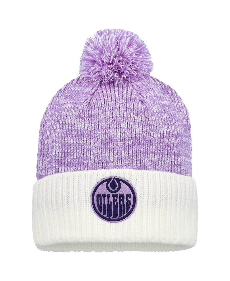 Fanatics Men's Lavender/White Edmonton Oilers Hockey Fights Cancer Cuffed Knit with Pom Hat