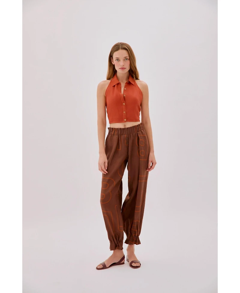 Labeca London Women's Leah Linen Collared Crop Top
