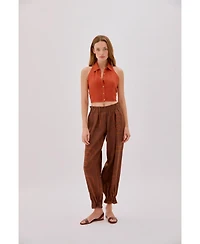 Labeca London Women's Leah Linen Collared Crop Top