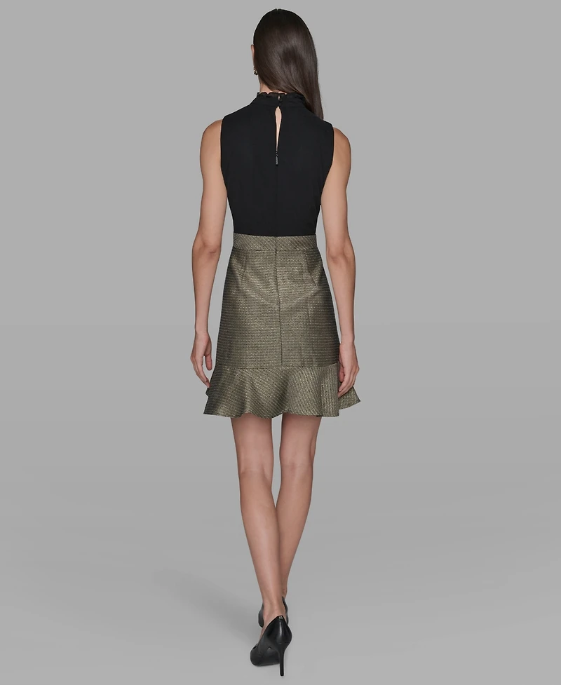 Karl Lagerfeld Paris Women's Mock Neck Flounce Hem A-Line Dress