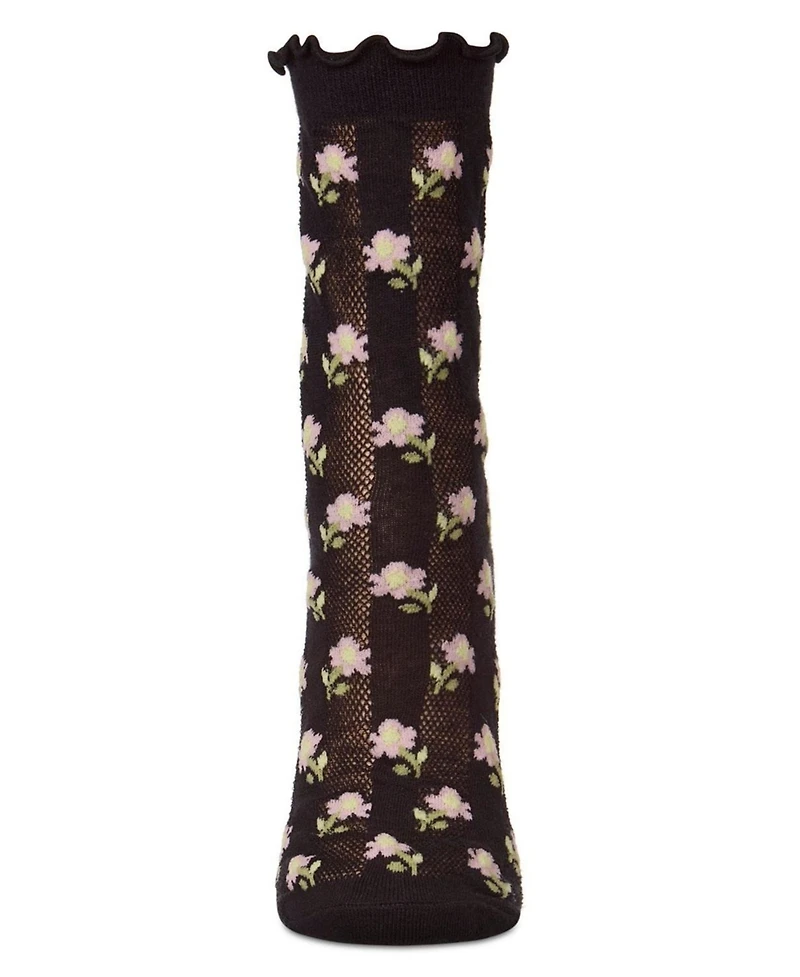 MeMoi Women's "Ditsy Floral" Cotton-Rich Mini-Net Ruffle-Edge Ankle Sock