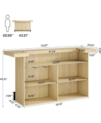 Tribesigns 4-Tier Bar Table, 70.9-Inch Large Modern Home Bar Unit with Wine Glass Holder and Black Footrest, Oak
