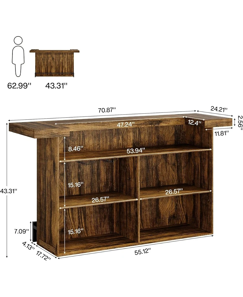 Tribesigns 4-Tier Bar Table, 70.9-Inch Large Modern Home Unit with Wine Glass Holder and Black Footrest, Oak