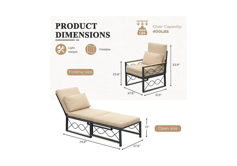 Aecojoy Outdoor Metal Chaise Lounge Chair, Convertible Patio Armchair with Cushions, Adjustable 5-Position Recliner