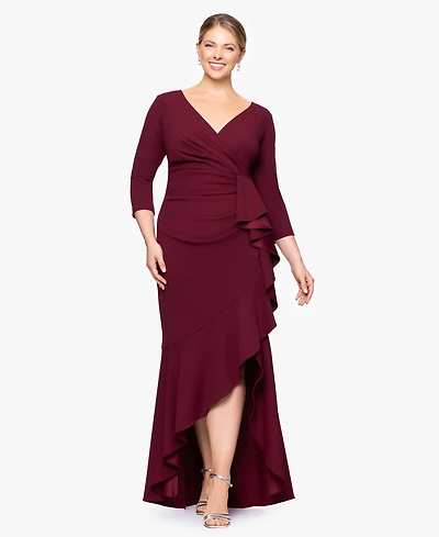 Betsy & Adam Plus V-Neck Long Ruffle Dress