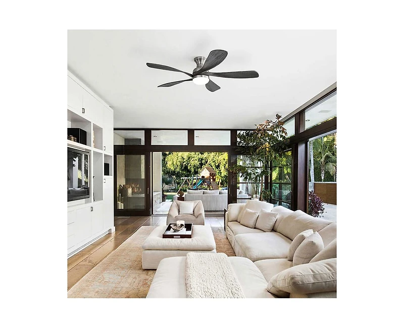 52-inch Modern Minimalist Sand Nickel 5-Blade Flush Mount with Led Light Remote Control Supports 6 Speeds and Timer Function
