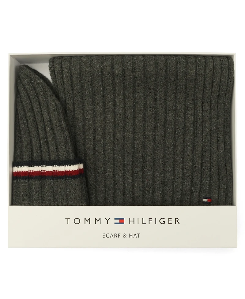 Tommy Hilfiger Men's 2-Piece Wide Rib Global Stripe Cuff Beanie and Scarf Set
