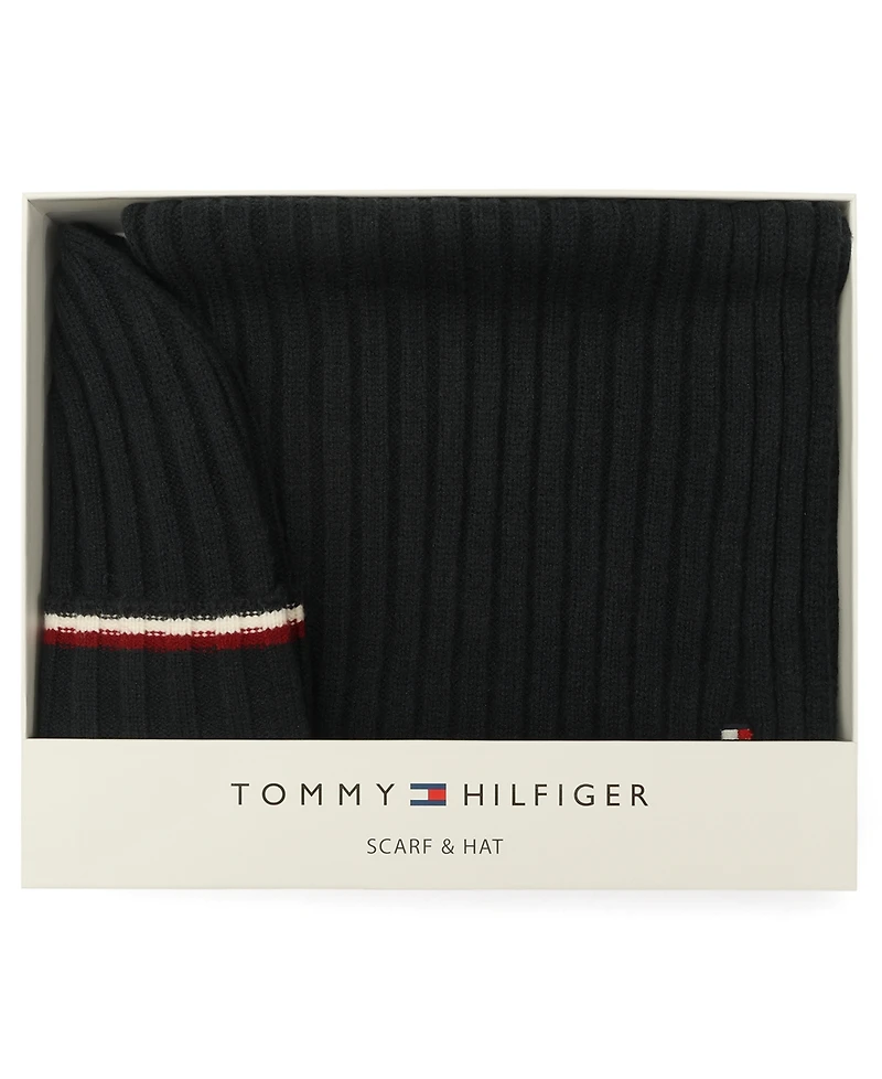Tommy Hilfiger Men's 2-Piece Wide Rib Global Stripe Cuff Beanie and Scarf Set
