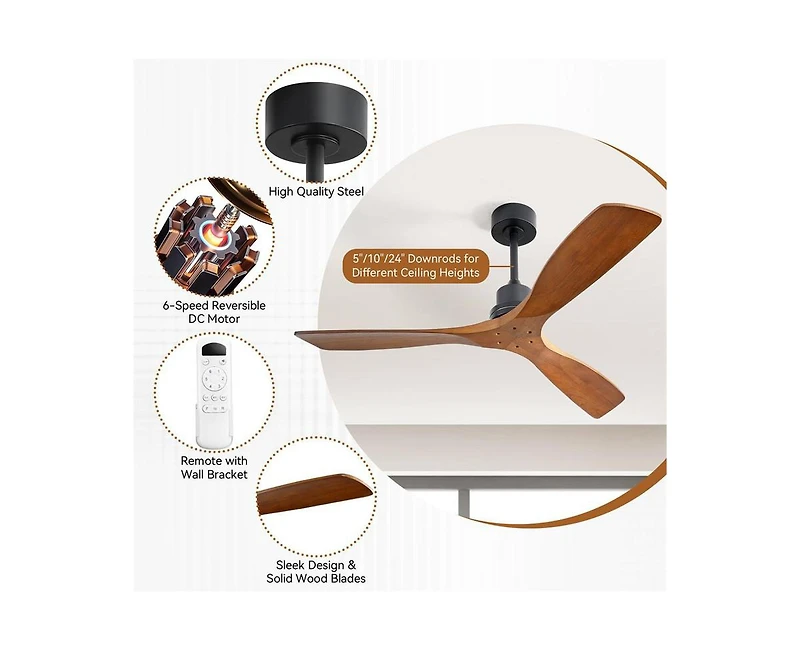52-inch Modern Black 3 Blades Walnut Ceiling Fan with 6 Speed Remote control and Timing and Forward Reverse Rotation Function for Indoor