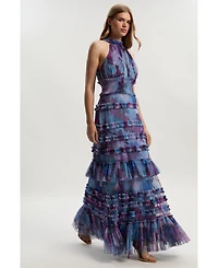 Karen Millen Women's Tulle Layered Halter Neck Maxi Dress