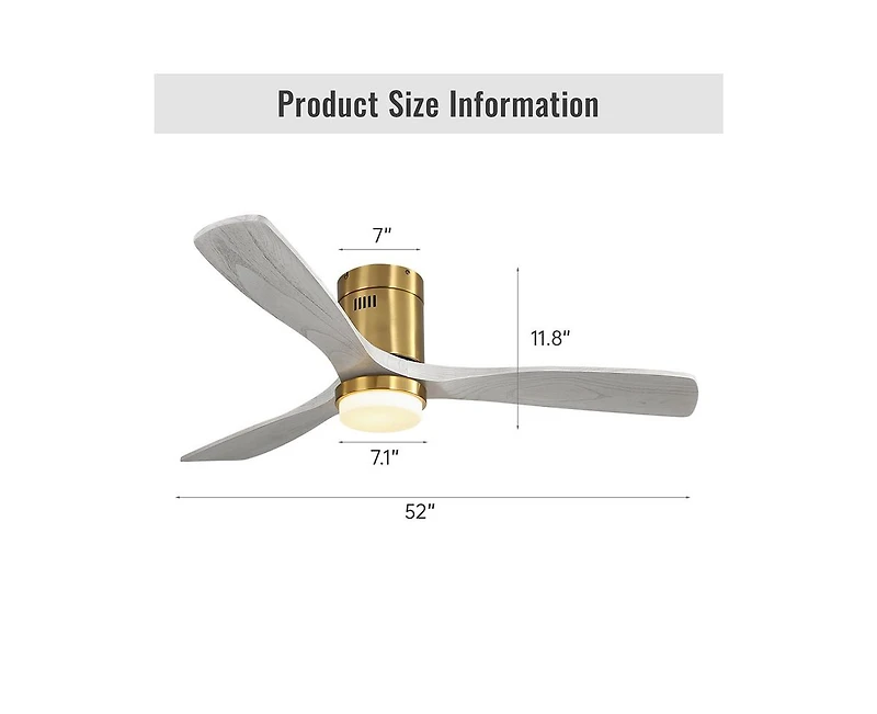 52-inch Modern Golden 3 Solid Wood Blades Flush Mount Tri color Adjustable Ceiling Fan Light with Remote Control