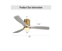 52-inch Modern Golden 3 Solid Wood Blades Flush Mount Tri color Adjustable Ceiling Fan Light with Remote Control