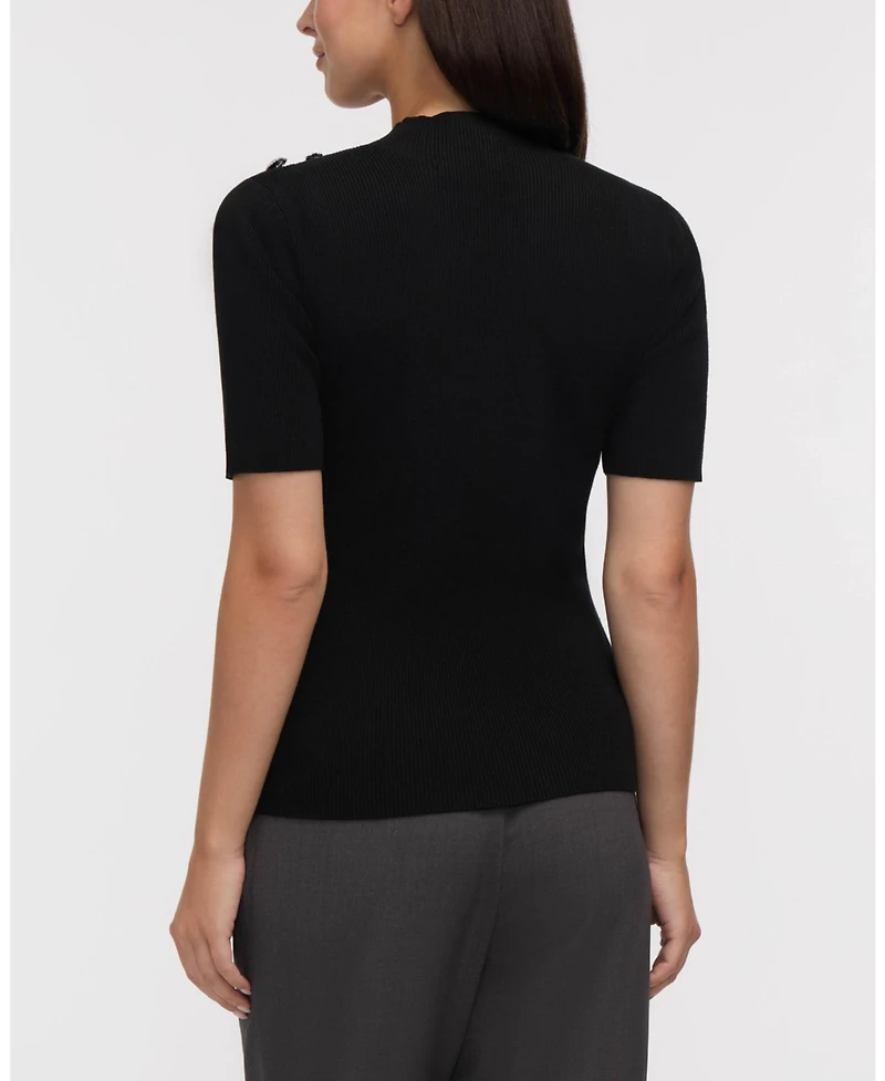 Ellen Tracy Women's Mock Neck Elbow Sleeve Rib Sweater with Button Detail