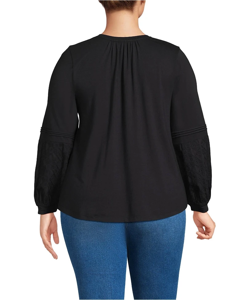 Lands' End Plus Lightweight Jersey Lace Mix Long Sleeve Pintuck Top