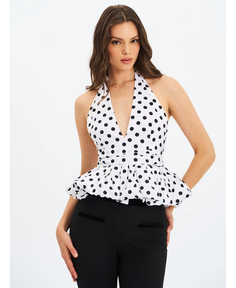 Miss Circle Women's Ilene White and Black Polka Dot Bubble Hem Halter Top