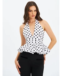 Miss Circle Women's Ilene White and Black Polka Dot Bubble Hem Halter Top
