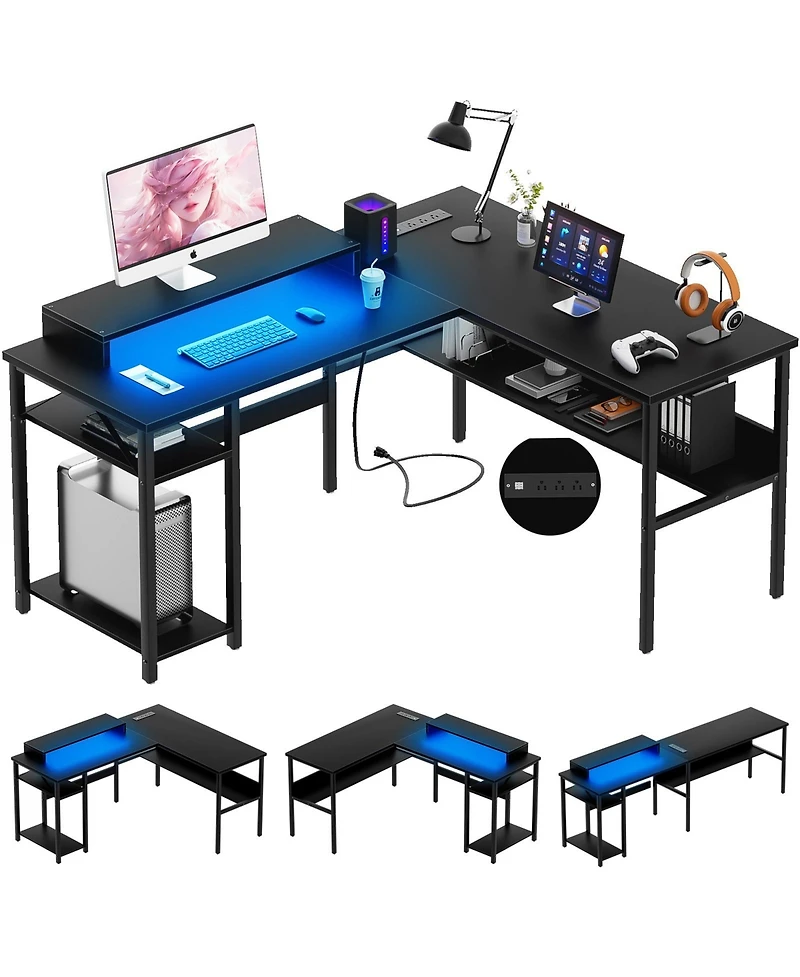 Reversible L Shaped Computer Desk with Power Outlets and Monitor Stand, Sturdy & Easy Assembly