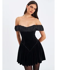 Miss Circle Women's Daisha Black Lace Trimmed Off-Shoulder Ruched Mini Dress