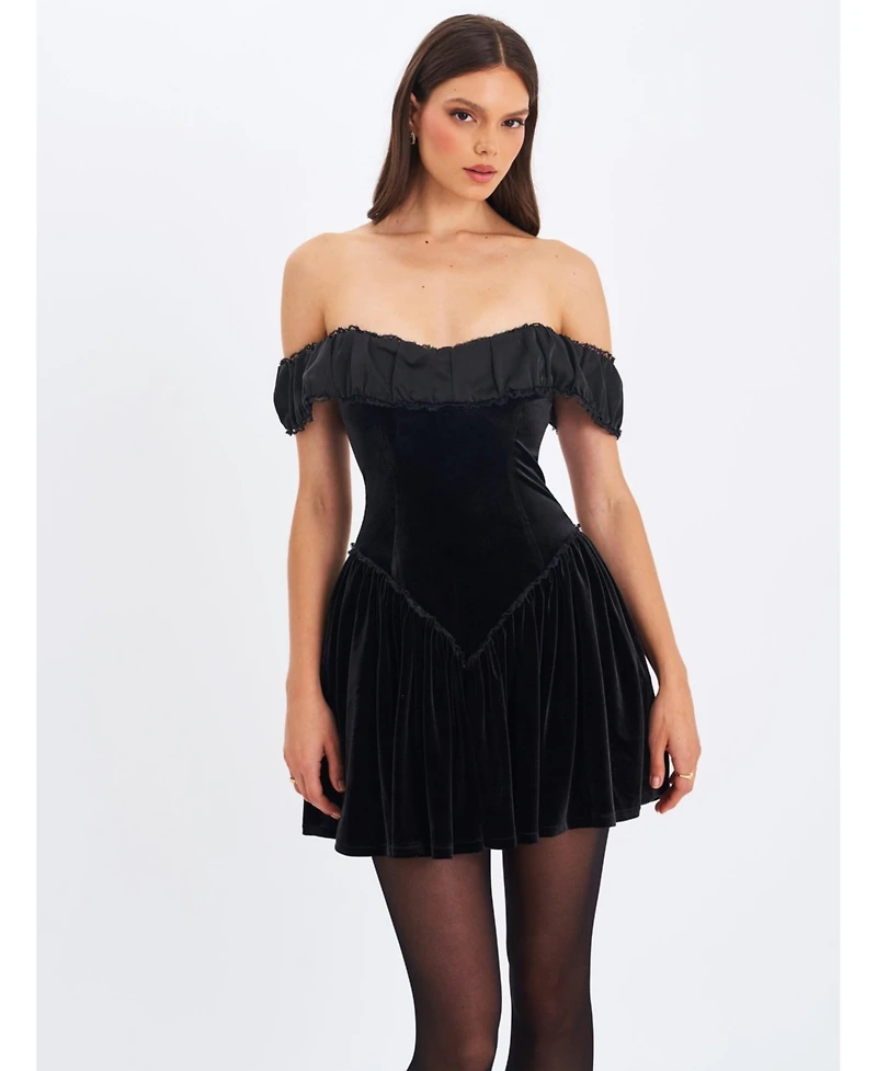 Miss Circle Women's Daisha Black Lace Trimmed Off-Shoulder Ruched Mini Dress