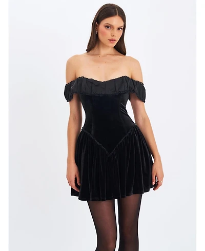 Miss Circle Women's Daisha Black Lace Trimmed Off-Shoulder Ruched Mini Dress