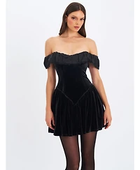 Miss Circle Women's Daisha Black Lace Trimmed Off-Shoulder Ruched Mini Dress
