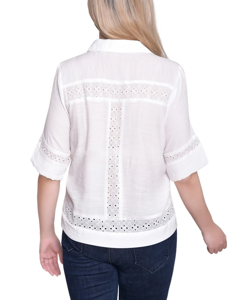 Ny Collection Women's Point Collar Short Sleeve Eyelet-Inset Top
