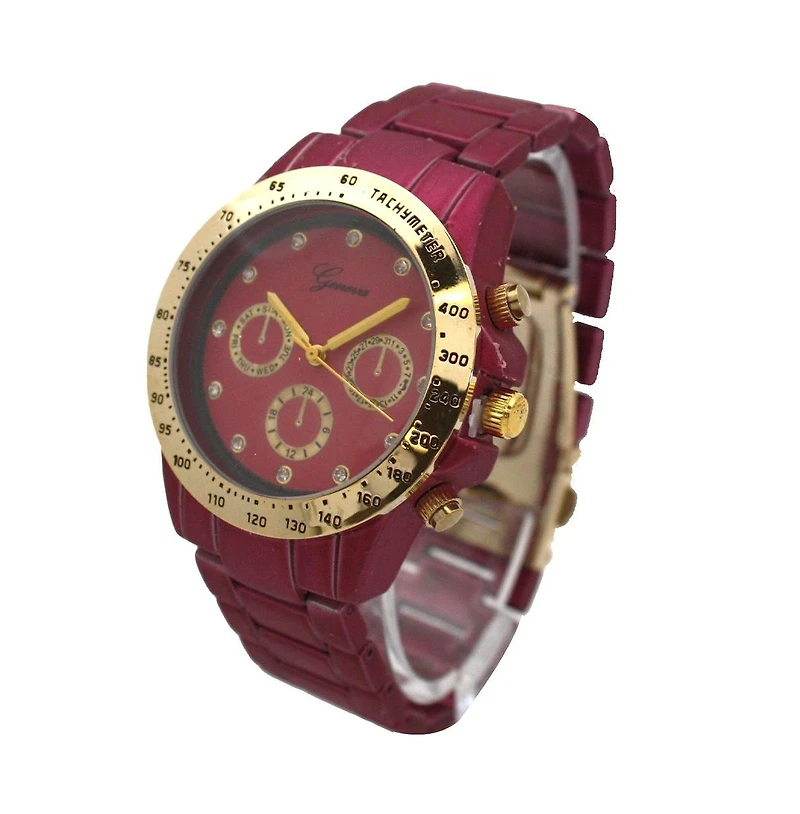 Fuchsia Solid Color Metal Three Dial Women Watch