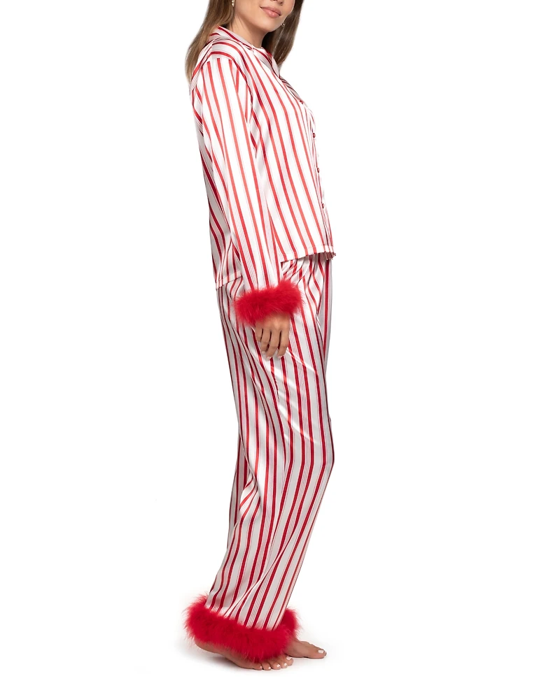 Linea Donatella Women's 2-Piece Marabou Stripe Top and Pants Pajama Set