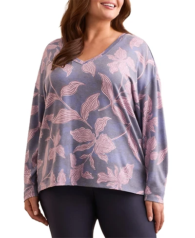 Tribal Plus Fuzzy Soft V-Neck Combo Print Knit Top