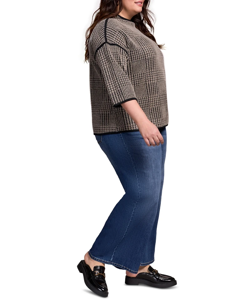 Tribal Plus Size 3/4 Sleeve Mock Neck Jacquard Plaid Top