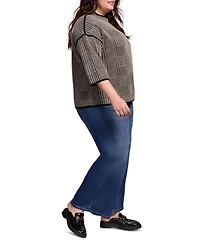 Tribal Plus Size 3/4 Sleeve Mock Neck Jacquard Plaid Top