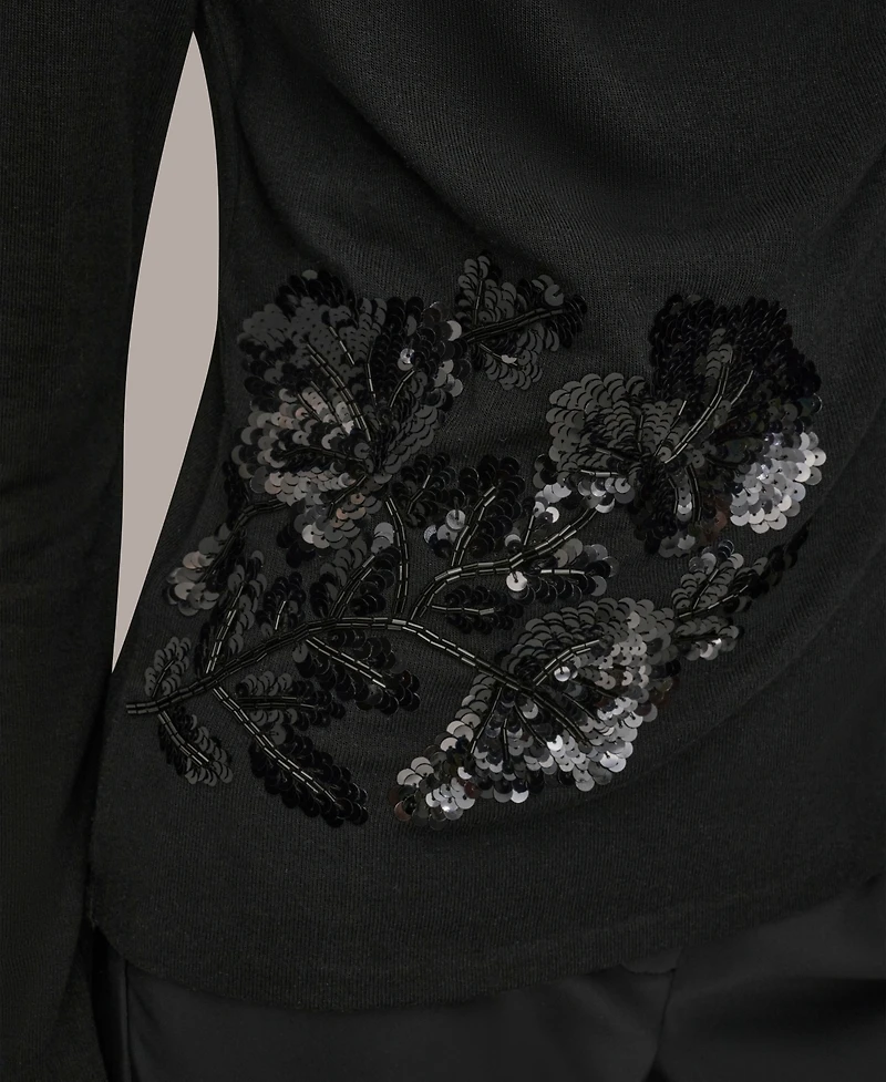 Donna Karan New York Women's Floral Detail Long Sleeves Relaxed Top