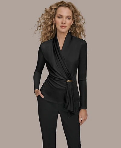Donna Karan New York Women's Long Sleeves Drape Neck Bar Hardware Top