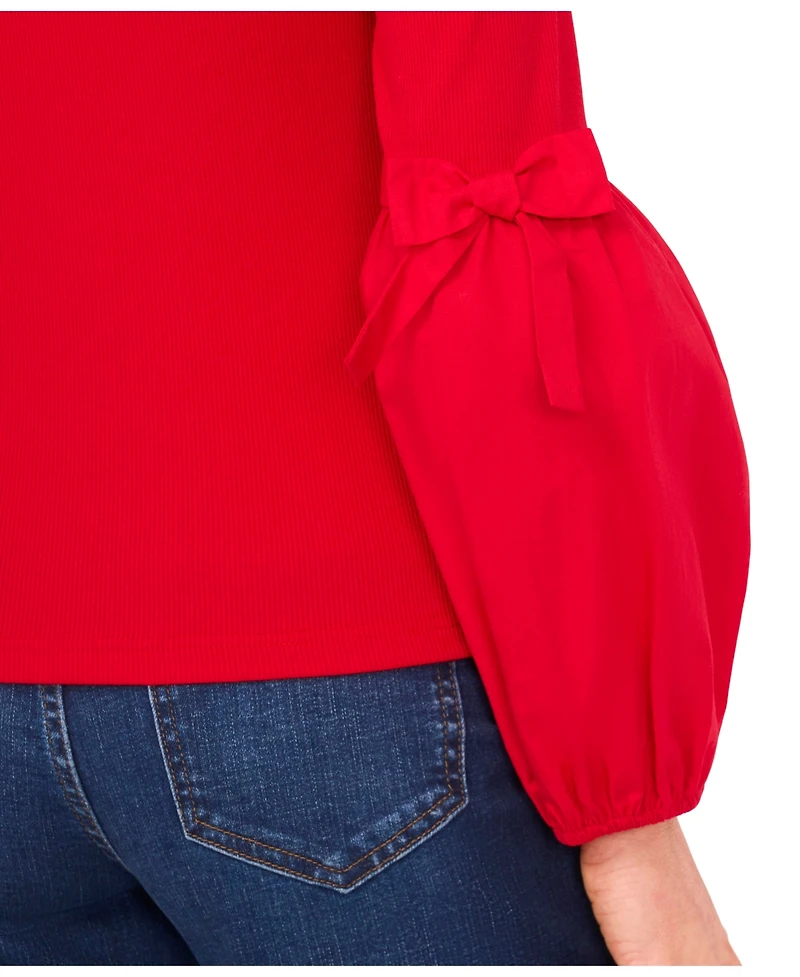 CeCe Women's Mix Media Rib Knit Balloon Long Sleeve Blouse