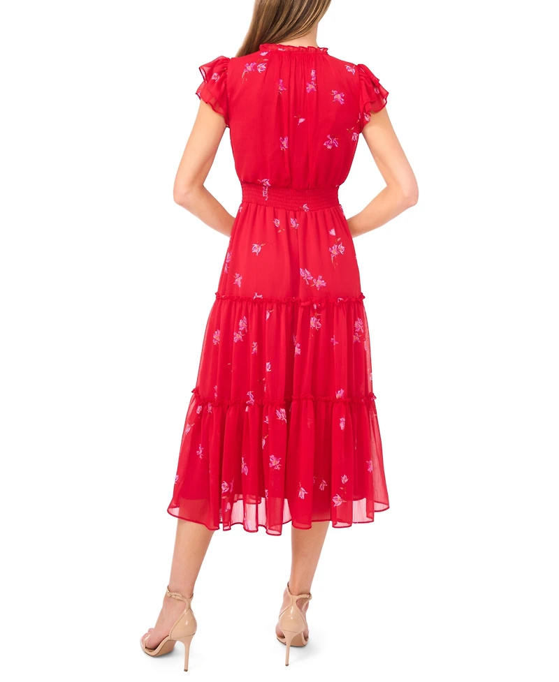 CeCe Women's Flutter Sleeve Smocked Tiered Midi Dress