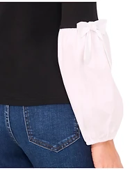 CeCe Women's Mix Media Rib Knit Balloon Long Sleeve Blouse
