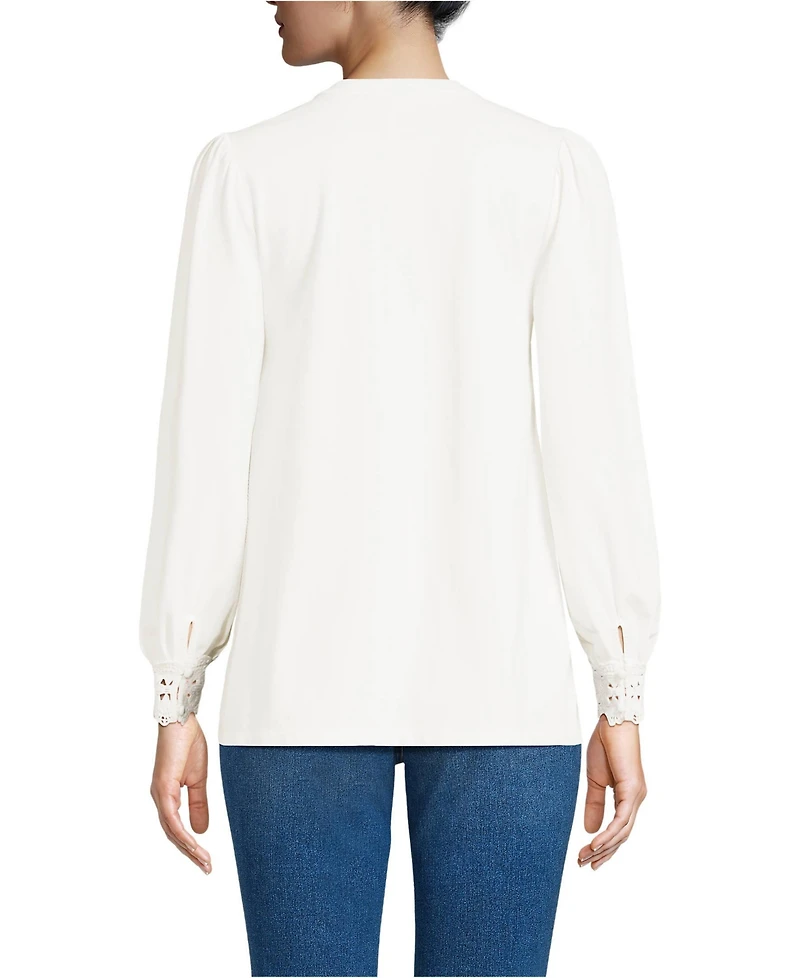 Lands' End Women's Lightweight Jersey Long Sleeve Button Front Pintuck Top