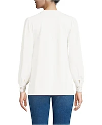 Lands' End Women's Lightweight Jersey Long Sleeve Button Front Pintuck Top
