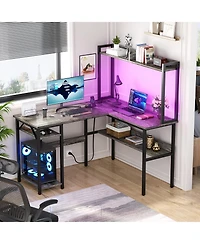 L Shaped Desk with Hutch, Led Lights, Reversible Corner Power Outlet