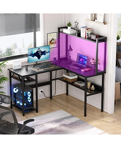 L Shaped Desk with Hutch, Led Lights, Reversible Corner Power Outlet