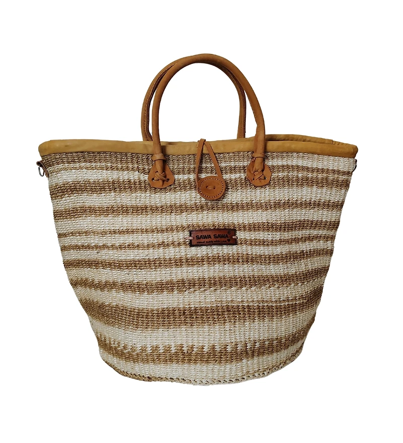 Sawa Sawa Rooted in Life Basket – Handwoven Brown & White Sisal Tote with Leather Trim