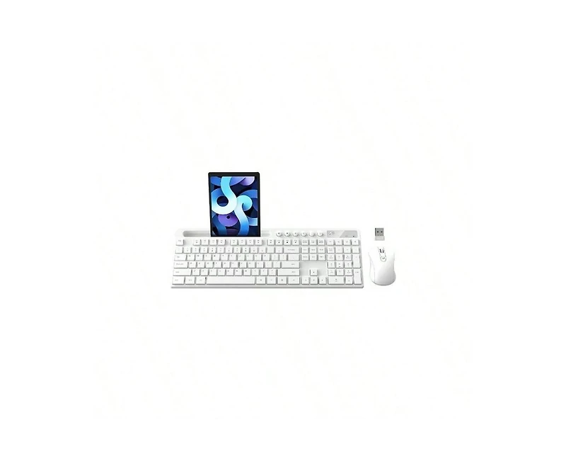 Risokeys Wireless Keyboard And Mouse Combo, 2.4G Wireless Computer Keyboard With Phone Tablet Holder, Silent Mouse With 6 Button, Compatible With, Whi