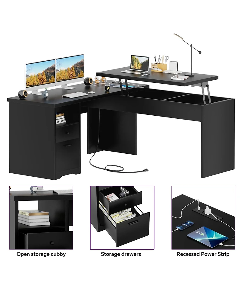 56'' Lift Top Computer Desk with Drawers and Power Outlets, Executive