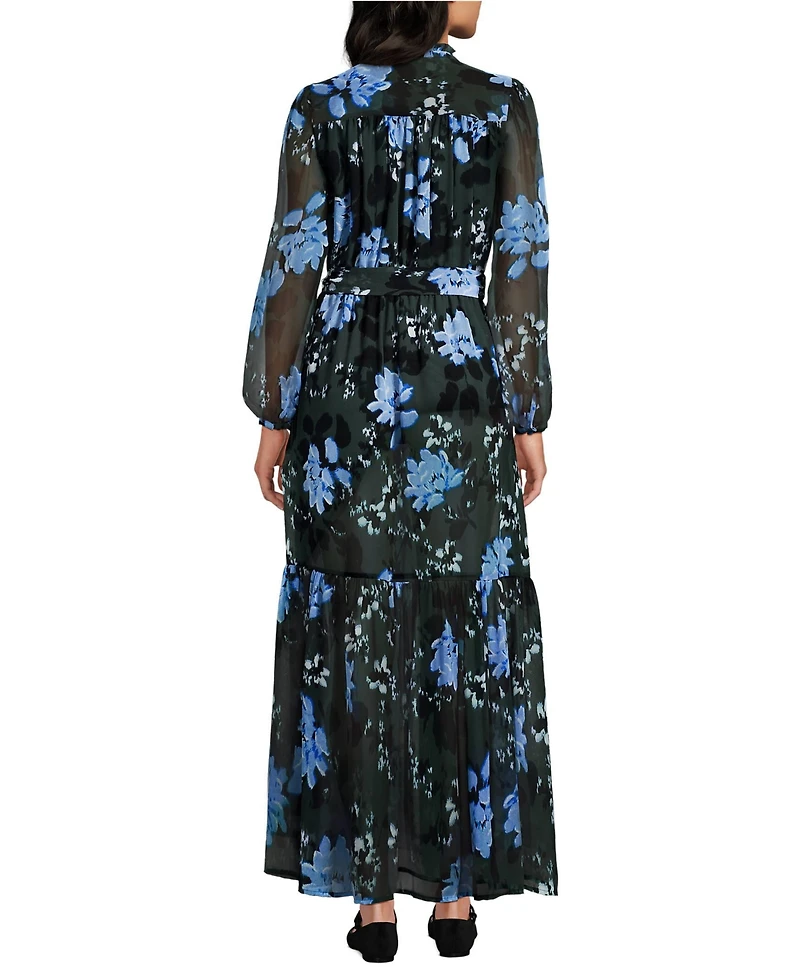 Lands' End Women's Chiffon Tiered Long Sleeve Maxi Dress