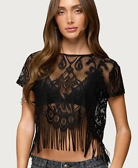 Edikted Women's Kira Sheer Lace Fringe Top