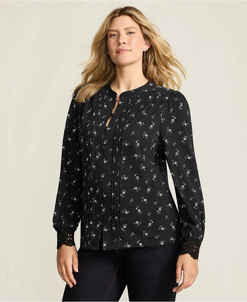 Lands' End Women's Lightweight Jersey Long Sleeve Button Front Pintuck Top