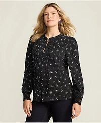 Lands' End Women's Lightweight Jersey Long Sleeve Button Front Pintuck Top